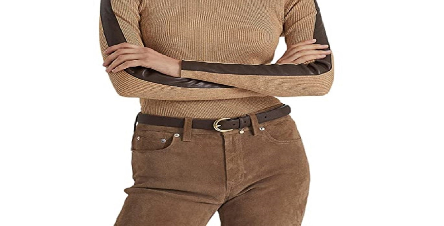 Ralph Lauren Women's Faux Leather Trim Turtleneck Sweater Brown Size Large