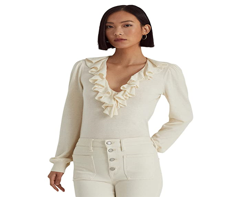 Ralph Lauren Women's Ruffle Trim Jersey Sweater White Size X-Large