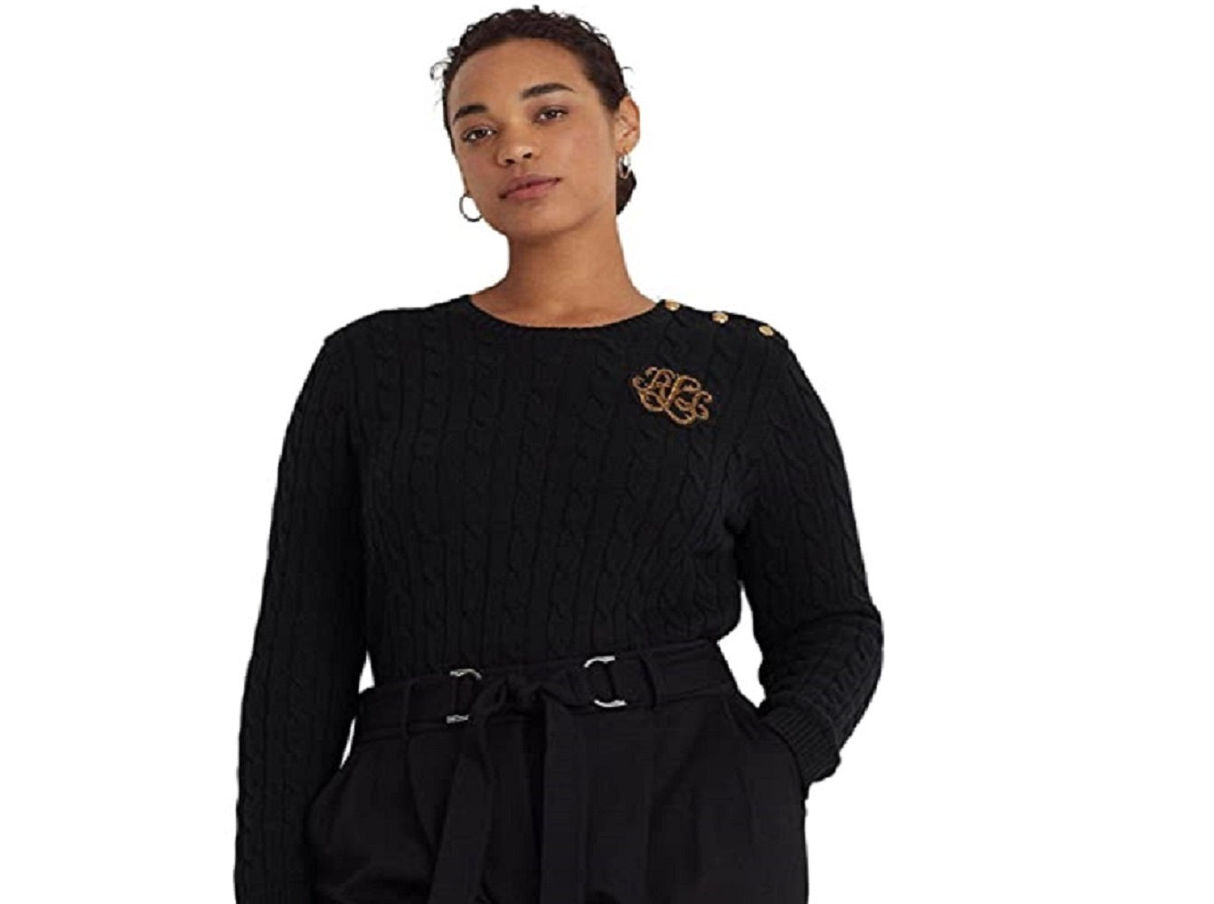 Ralph Lauren Women's Button Trim Cable Knit Sweater Black Size 3X