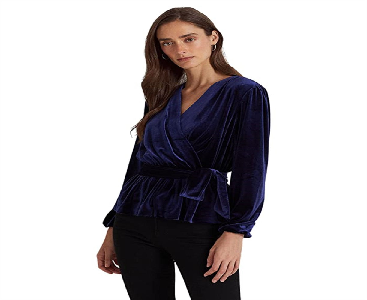 Ralph Lauren Women's Belted Velvet Peplum Surplice Top Blue Size Small