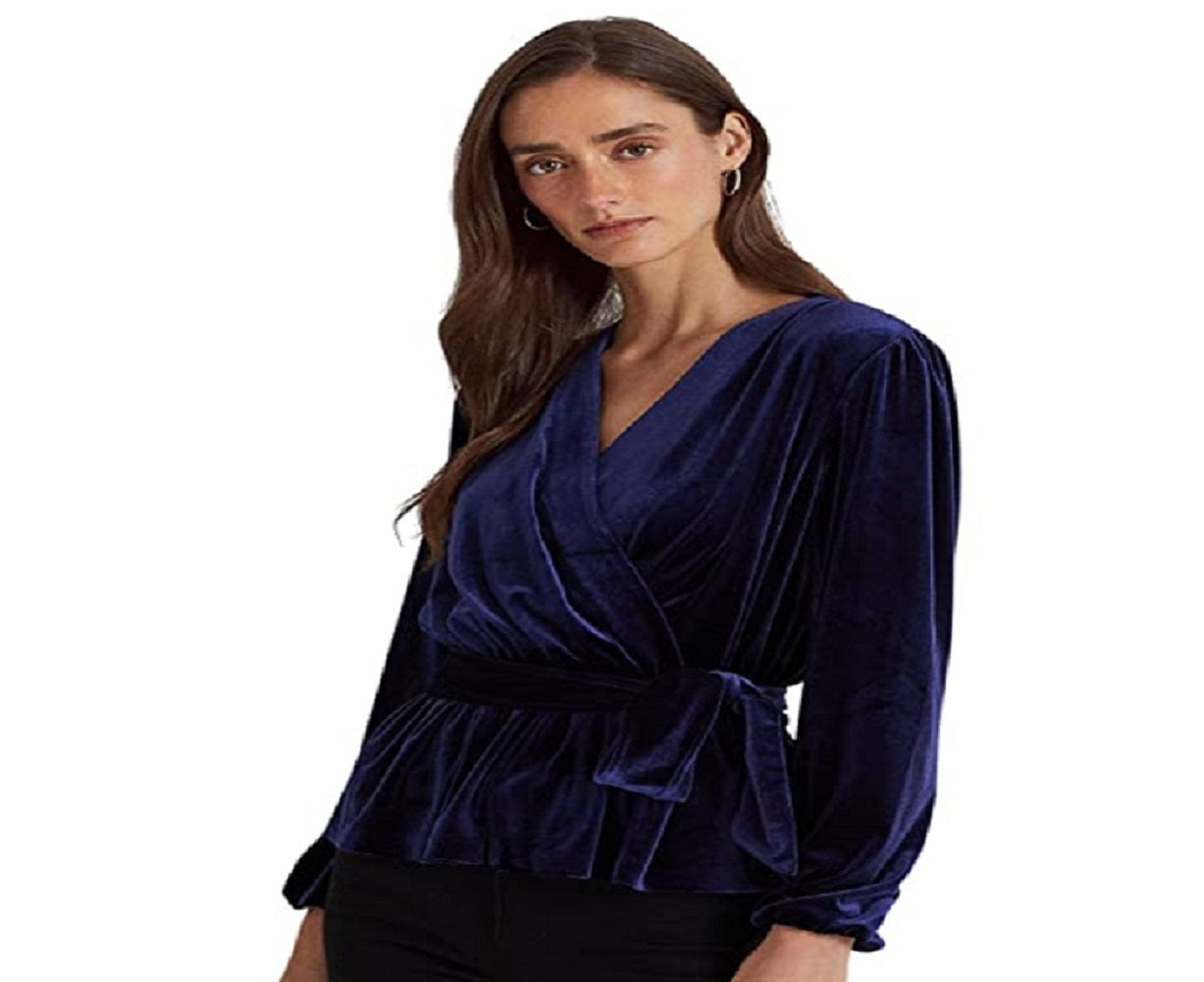 Ralph Lauren Women's Belted Velvet Peplum Surplice Top Blue Size Small