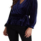Ralph Lauren Women's Belted Velvet Peplum Surplice Top Blue Size Small