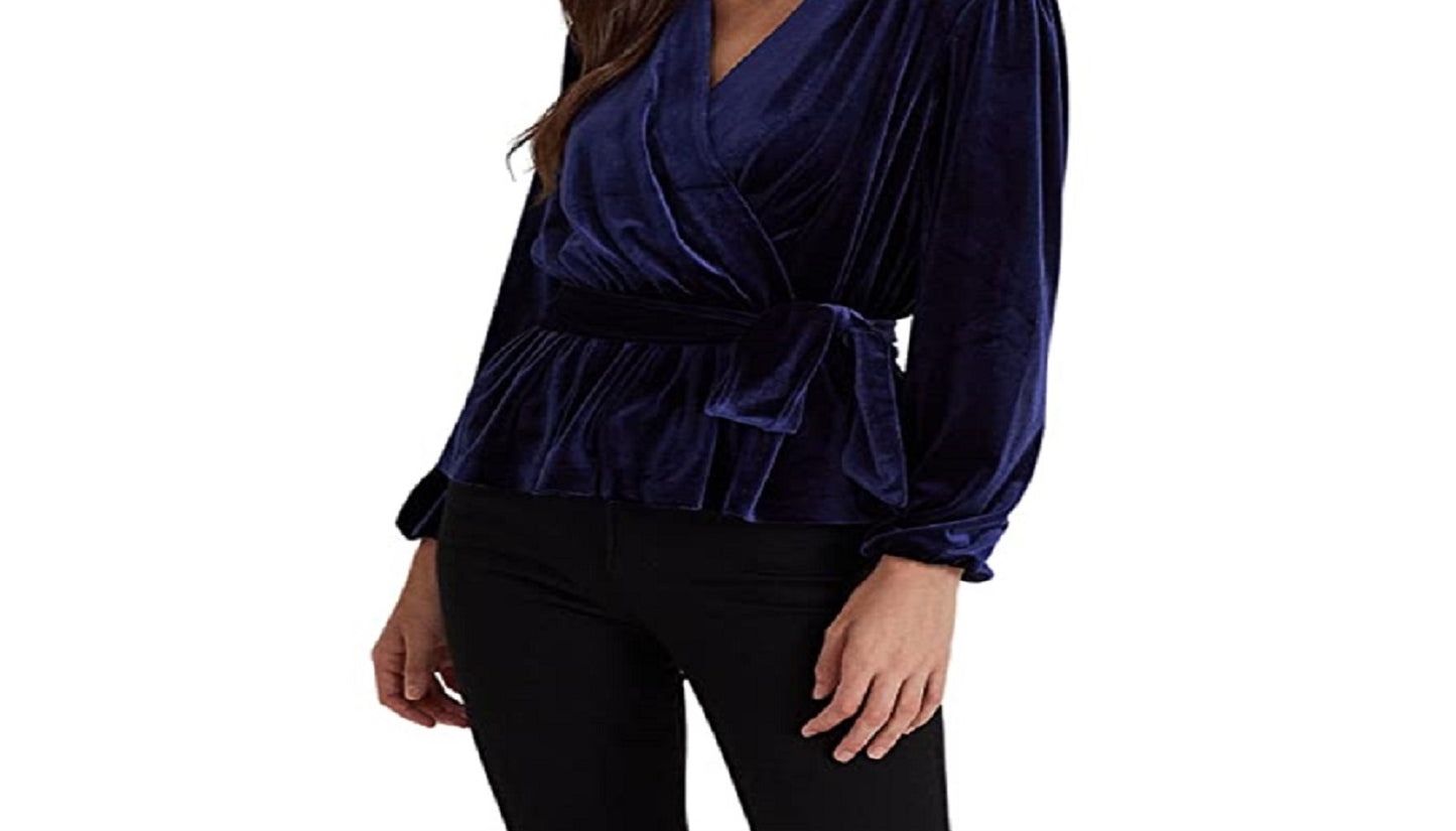 Ralph Lauren Women's Belted Velvet Peplum Surplice Top Blue Size Small