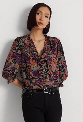 Ralph Lauren Women's Floral Crepe Blouse Black Size X-Large