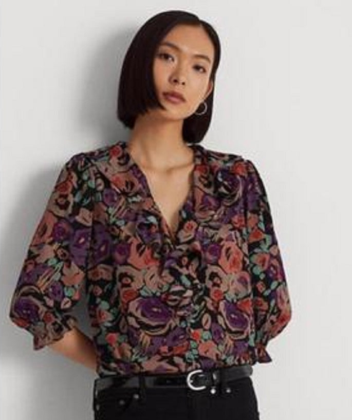 Ralph Lauren Women's Floral Crepe Blouse Black Size X-Large