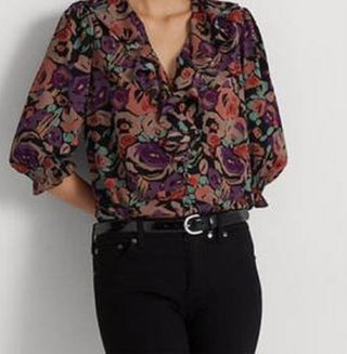Ralph Lauren Women's Floral Crepe Blouse Black Size X-Large