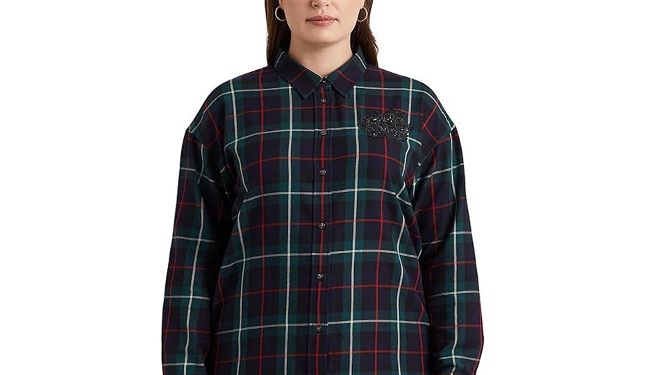 Ralph Lauren Women's Bullion Patch Plaid Twill Shirt Blue Size 3X