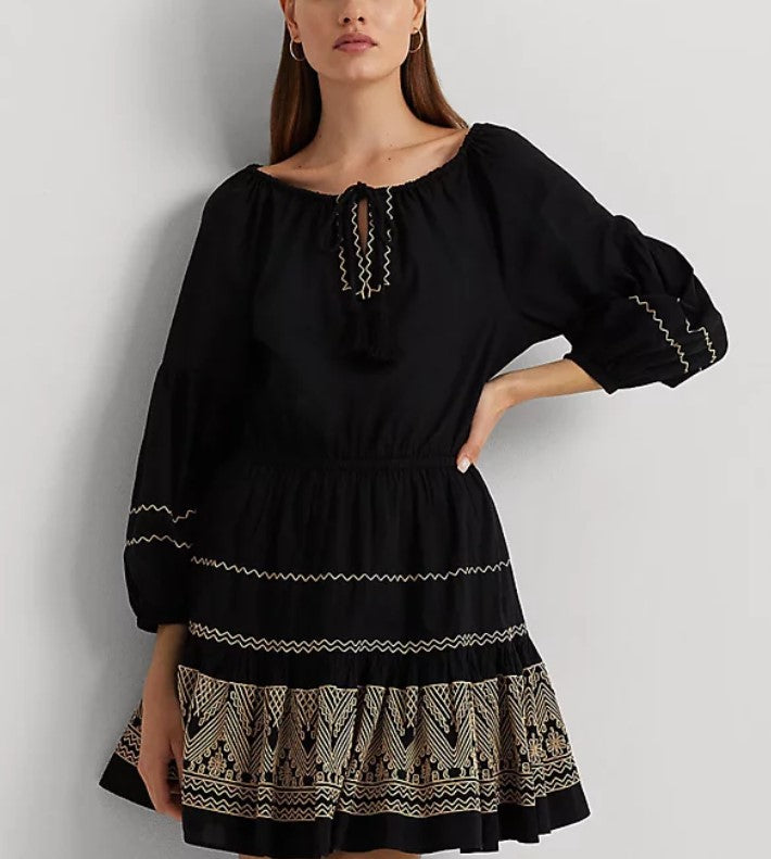 LAUREN Ralph Lauren Embroidered Cotton Voile Dress Black/Tan