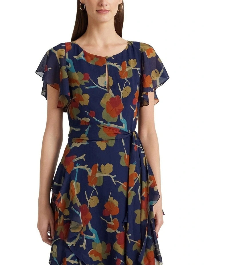 Ralph Lauren Women's Floral Ruffle Trim Georgette Dress Blue