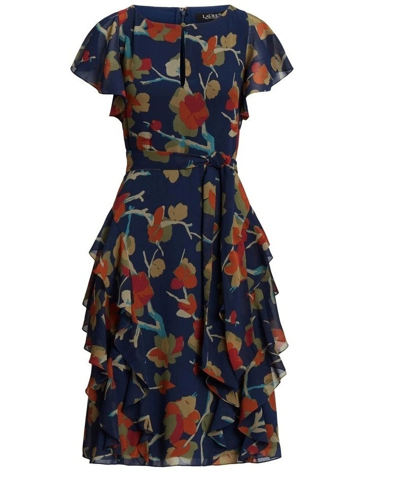 Ralph Lauren Women's Floral Ruffle Trim Georgette Dress Blue