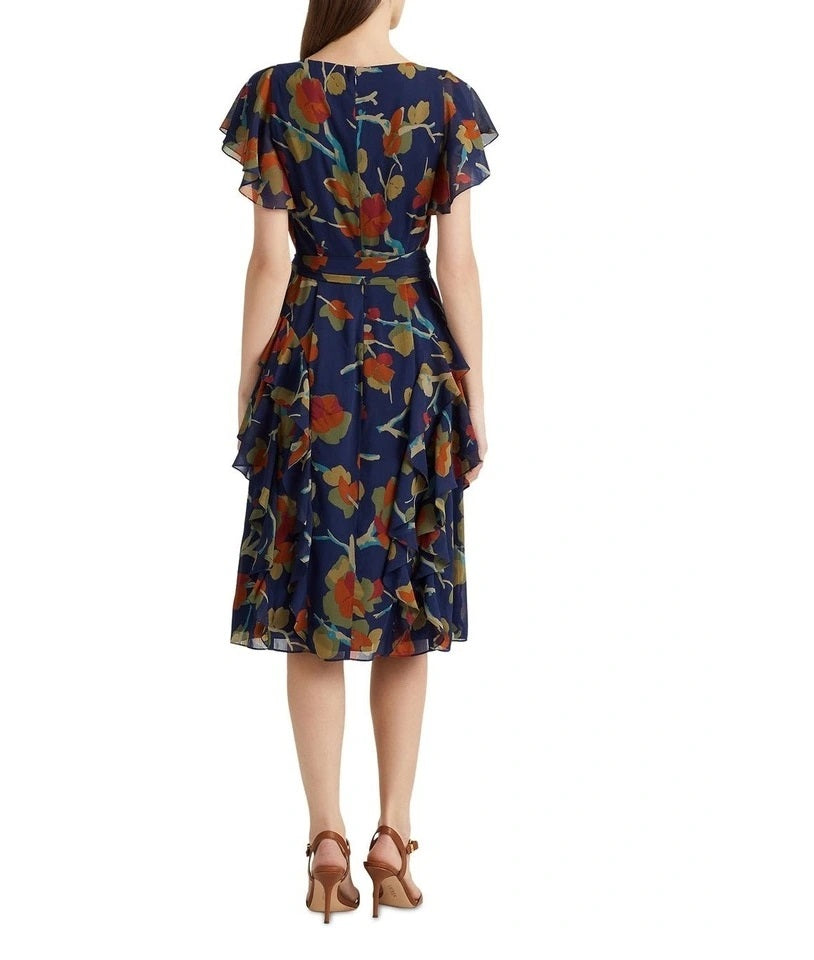 Ralph Lauren Women's Floral Ruffle Trim Georgette Dress Blue