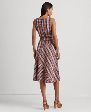 Ralph Lauren Women's Belted Cotton Madras Sleeveless Dress Red