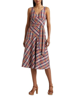 Ralph Lauren Women's Belted Cotton Madras Sleeveless Dress Red
