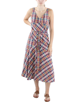 Lauren Ralph Lauren Women's Madras Plaid Cotton Midi Dress Size 16