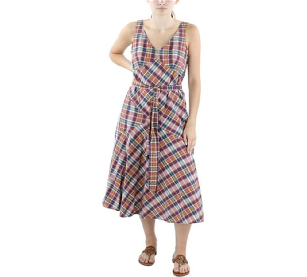 Lauren Ralph Lauren Women's Madras Plaid Cotton Midi Dress Size 16