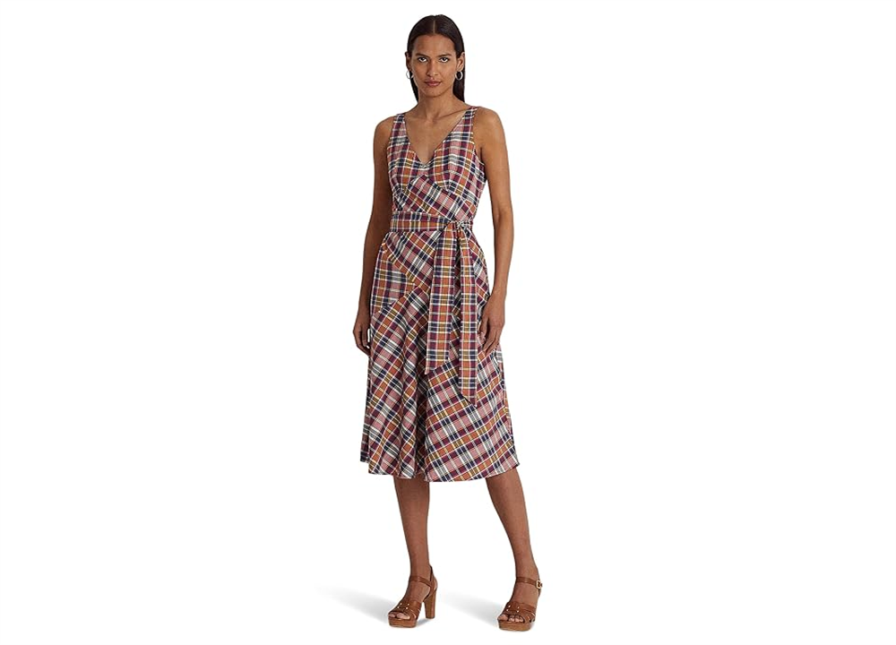 Lauren Ralph Lauren Women's Madras Plaid Cotton Midi Dress Size 16