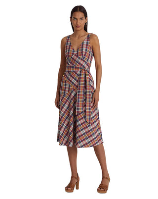 Ralph Lauren Women's Belted Cotton Madras Sleeveless Dress Red