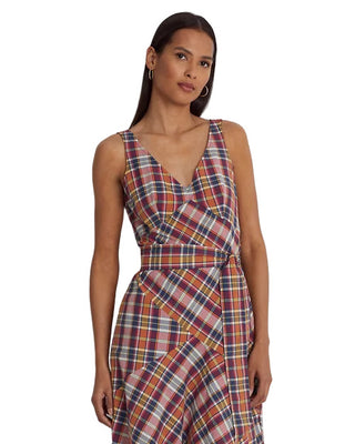 Ralph Lauren Women's Belted Cotton Madras Sleeveless Dress Red