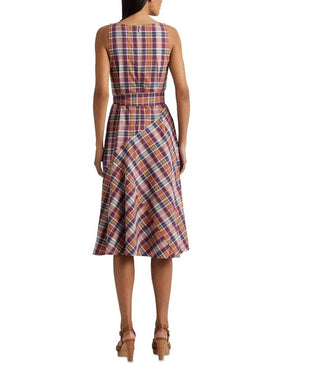 Ralph Lauren Women's Belted Cotton Madras Sleeveless Dress Red