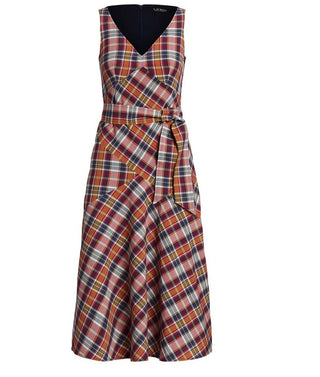 Ralph Lauren Women's Belted Cotton Madras Sleeveless Dress Red