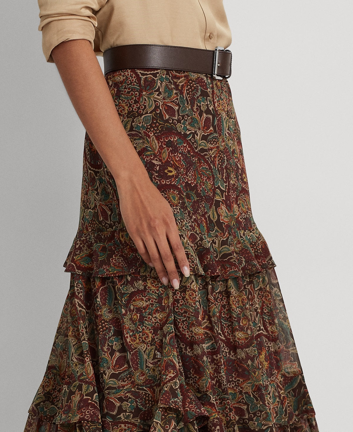 Ralph Lauren Women's Floral Crinkle Georgette Tiered Skirt Red Size 8