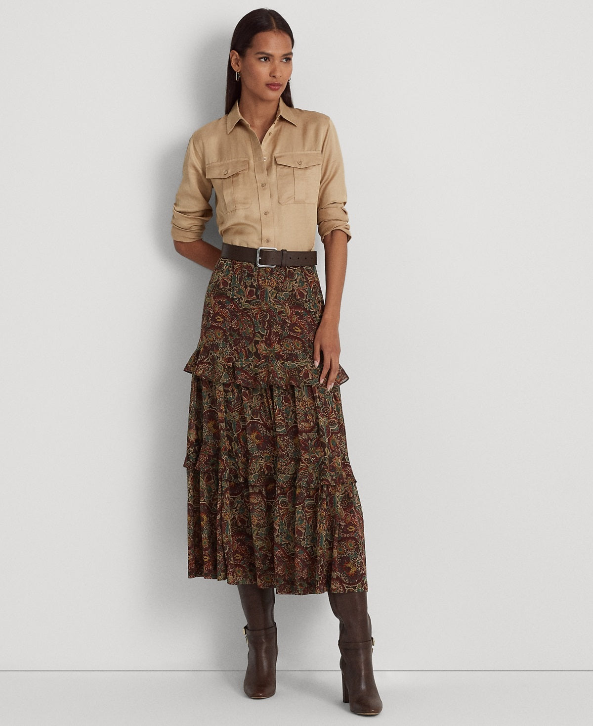 Ralph Lauren Women's Floral Crinkle Georgette Tiered Skirt Red Size 8