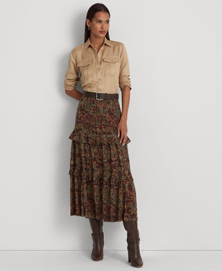 Ralph Lauren Women's Floral Crinkle Georgette Tiered Skirt Red Size 8