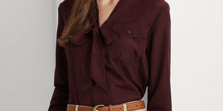 Ralph Lauren Women's Crepe Tie Neck Shirt Red Size Medium