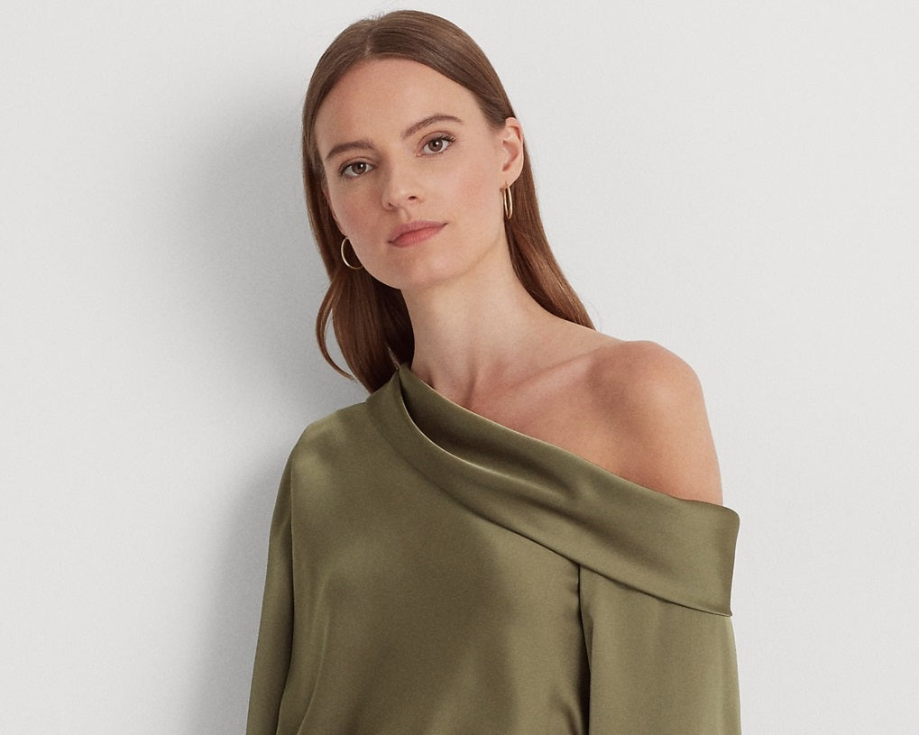 Ralph Lauren Women's Satin One Shoulder Blouse Green Size Small