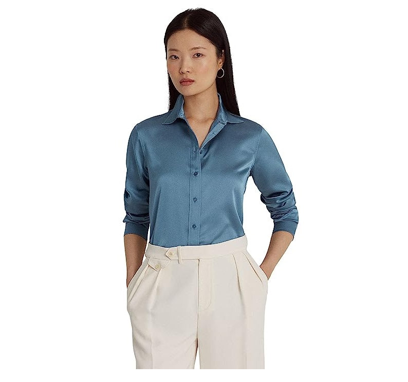 Ralph Lauren Women's Satin Charmeuse Shirt Blue Size Small