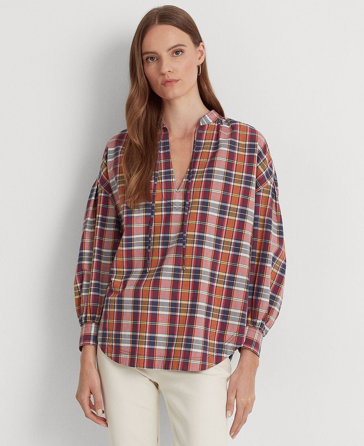 Ralph Lauren Women's Cotton Blend Tie Neck Blouse Red