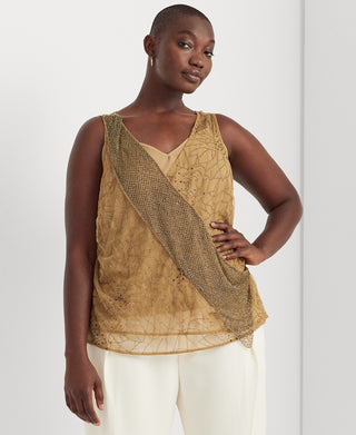 Ralph Lauren Women's Beaded Tulle Sleeveless Blouse Brown Size 1X