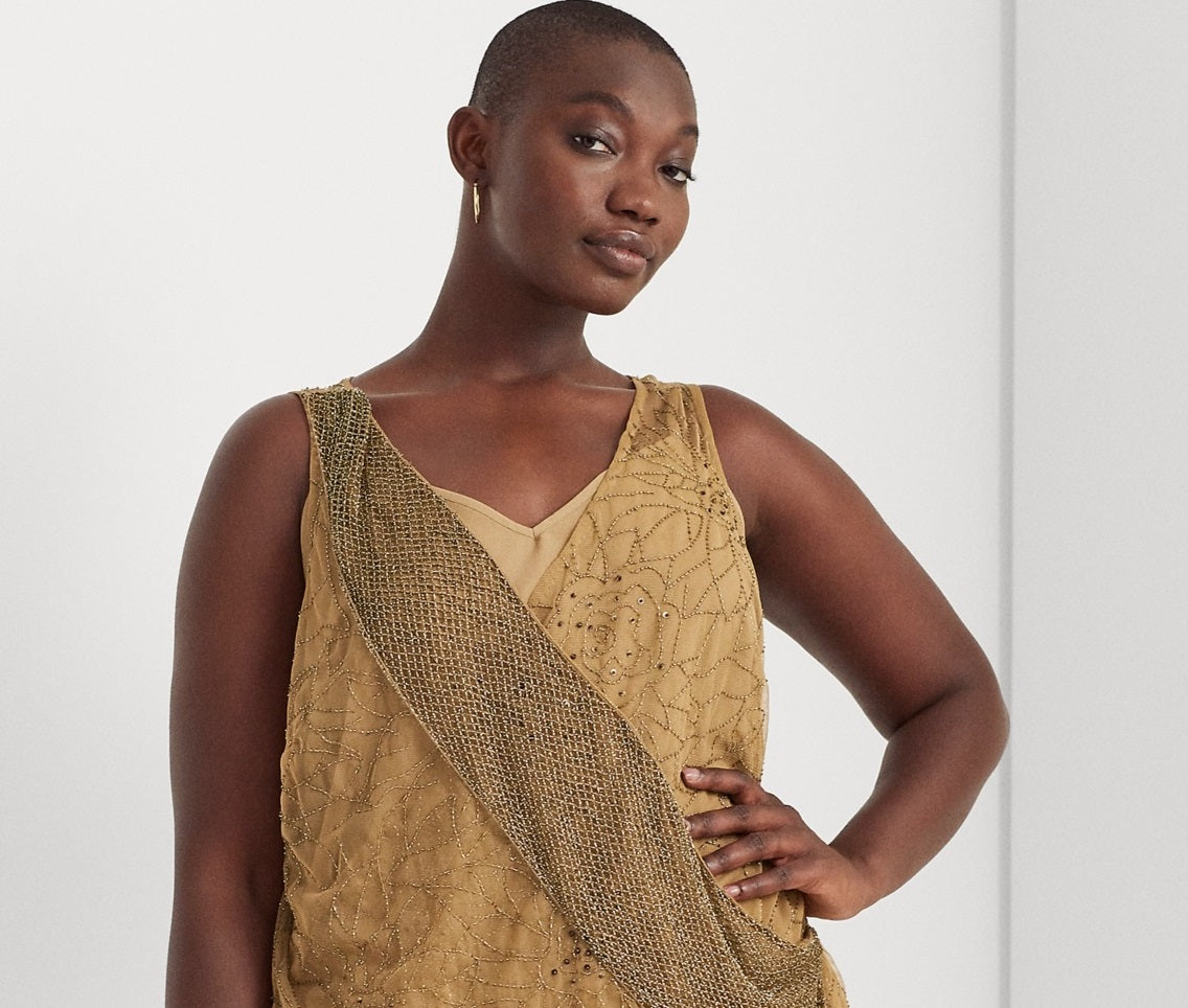 Ralph Lauren Women's Beaded Tulle Sleeveless Blouse Brown Size 1X