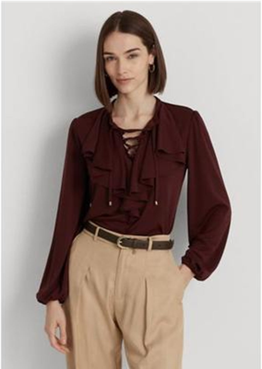Ralph Lauren Women's Ruffle Trim Jersey Lace up Top Red Size Large