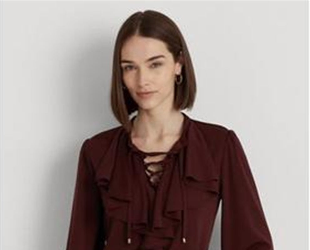Ralph Lauren Women's Ruffle Trim Jersey Lace up Top Red Size Large