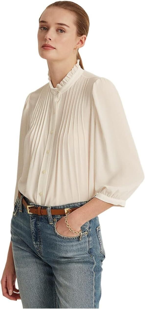 Ralph Lauren Women's Pleated Georgette Blouse Beige Size 2X