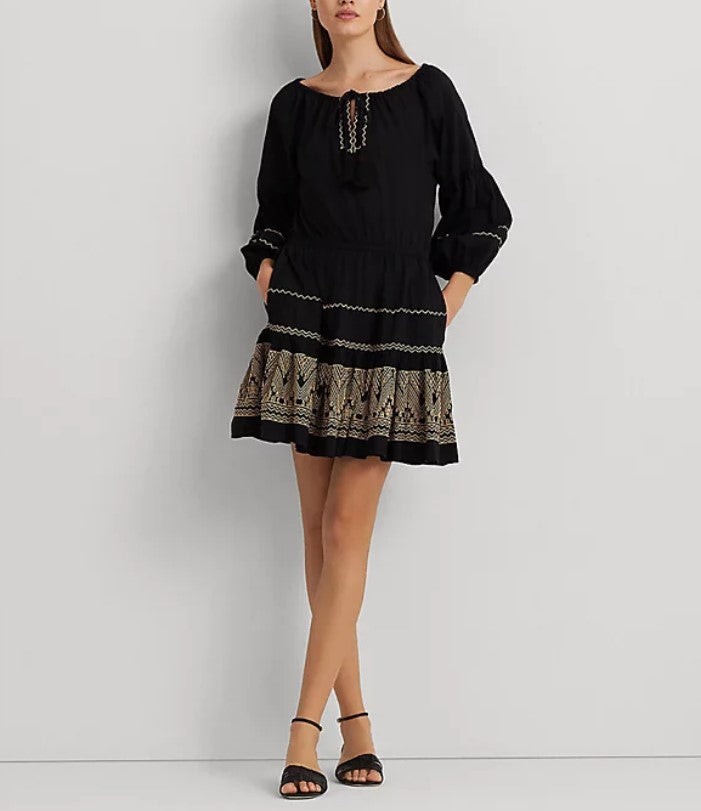 LAUREN Ralph Lauren Embroidered Cotton Voile Dress Black/Tan