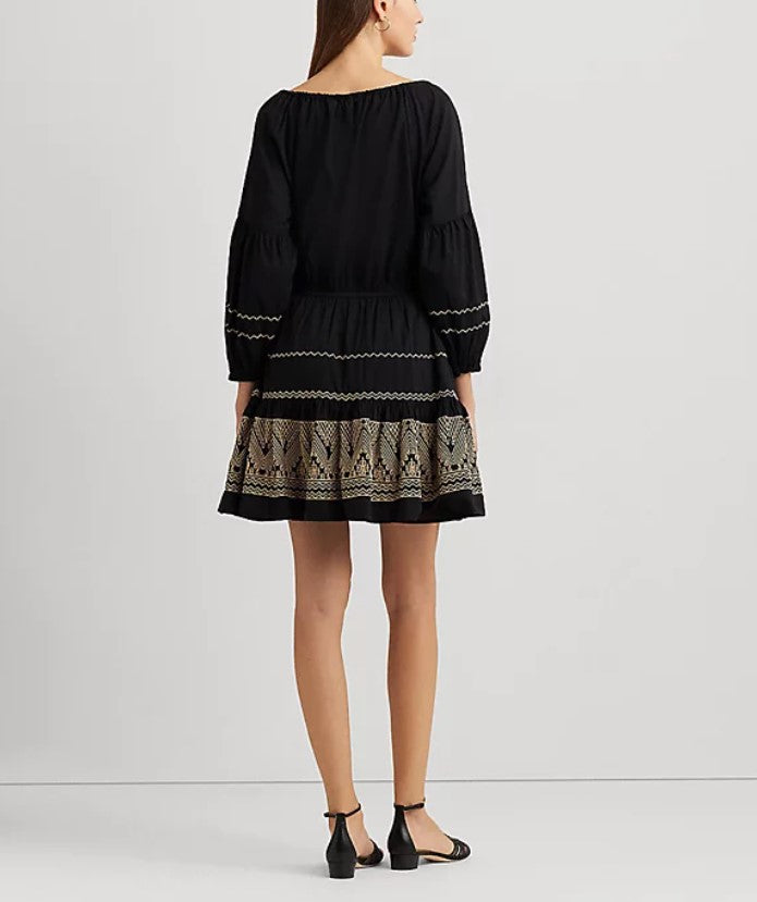 LAUREN Ralph Lauren Embroidered Cotton Voile Dress Black/Tan