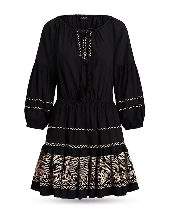 LAUREN Ralph Lauren Embroidered Cotton Voile Dress Black/Tan