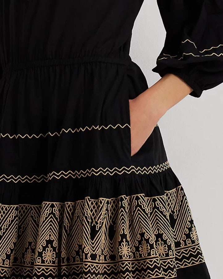 LAUREN Ralph Lauren Embroidered Cotton Voile Dress Black/Tan
