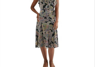 Lauren Ralph Lauren Womens Ruffled V Neck Midi Dress Black