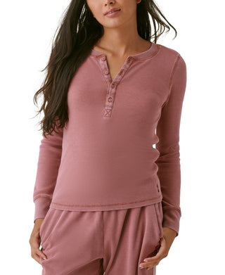 Bass Outdoor Women's Warm Button Front Waffle Knit Henley Top Red Size Medium