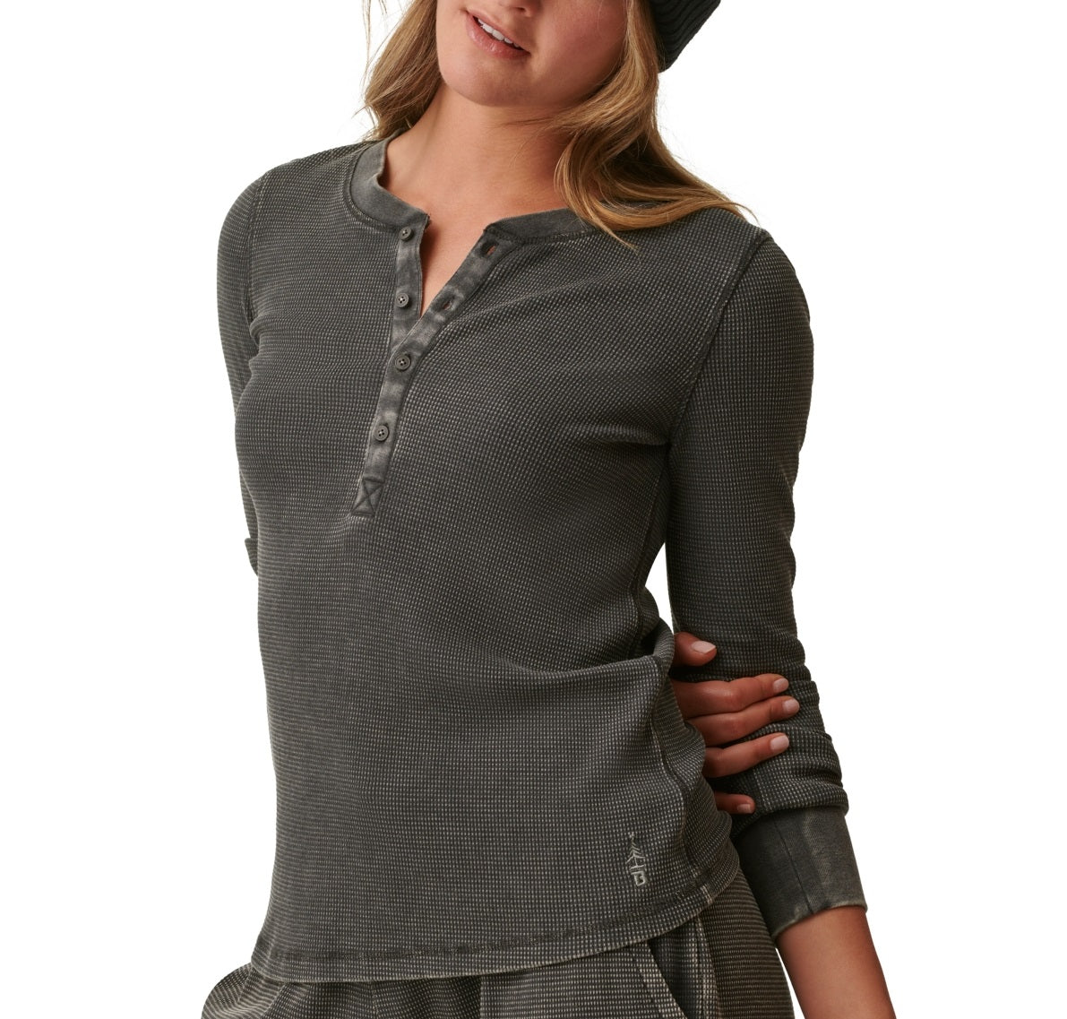 Bass Outdoor Women's Warm Button Front Waffle Knit Henley Top Green