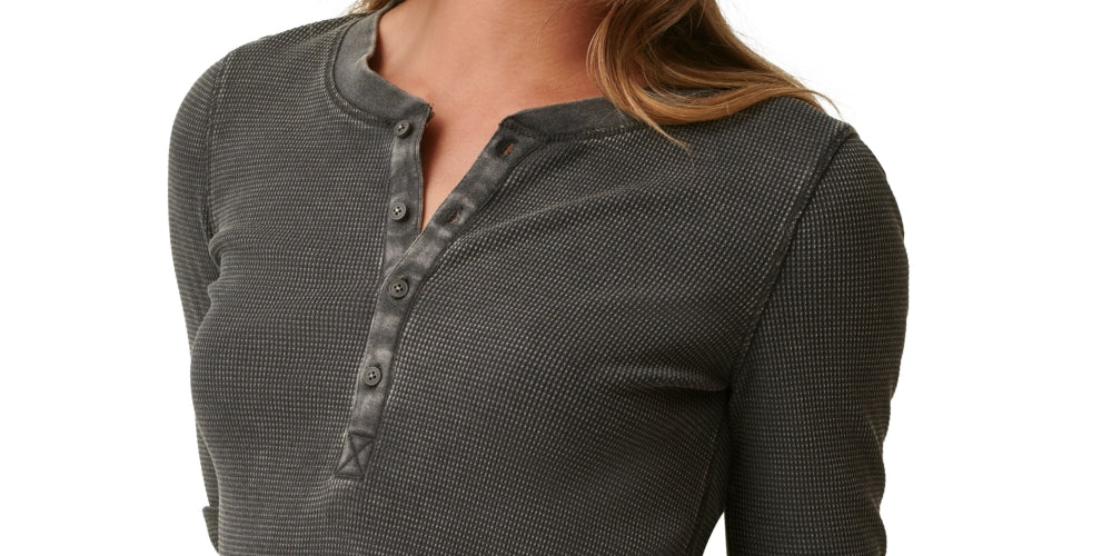 Bass Outdoor Women's Warm Button Front Waffle Knit Henley Top Grey Size Small