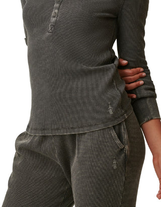 Bass Outdoor Women's Warm Button Front Waffle Knit Henley Top Green