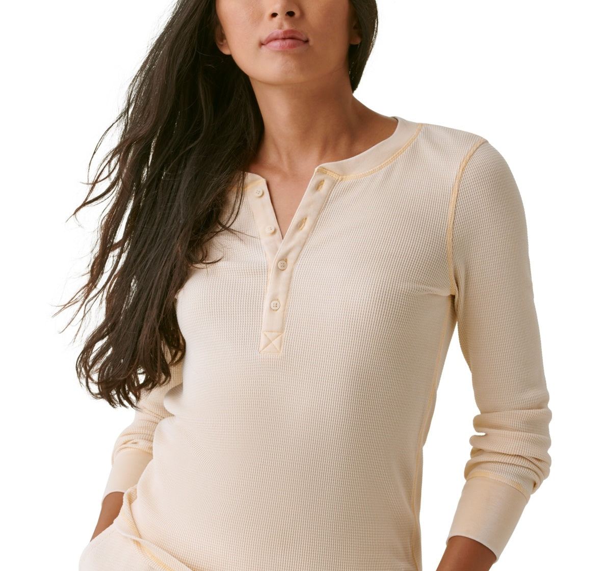 Bass Outdoor Women's Warm Button Front Waffle Knit Henley Top Beige