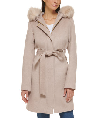 Cole Haan Women's Belted Faux Fur Trim Hooded Coat Beige Size 4
