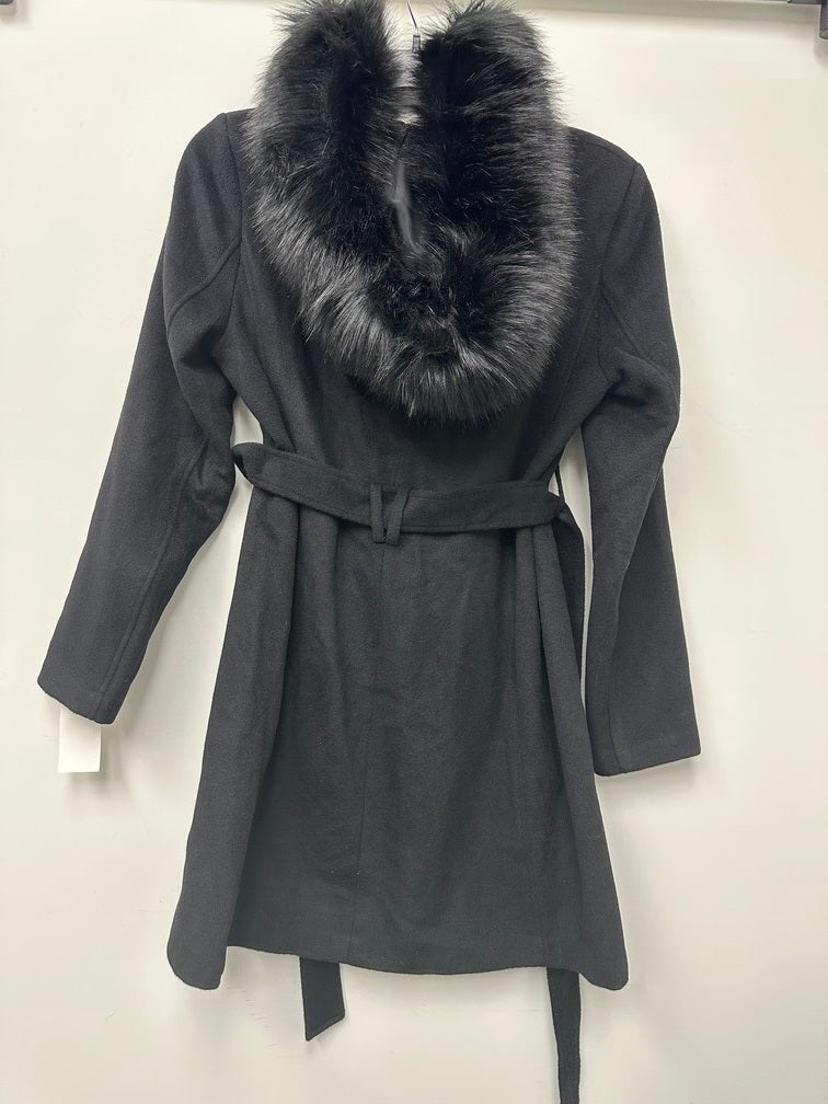 Cole Haan Women's Belted Faux-Fur-Trim Hooded Coat Black Size 12