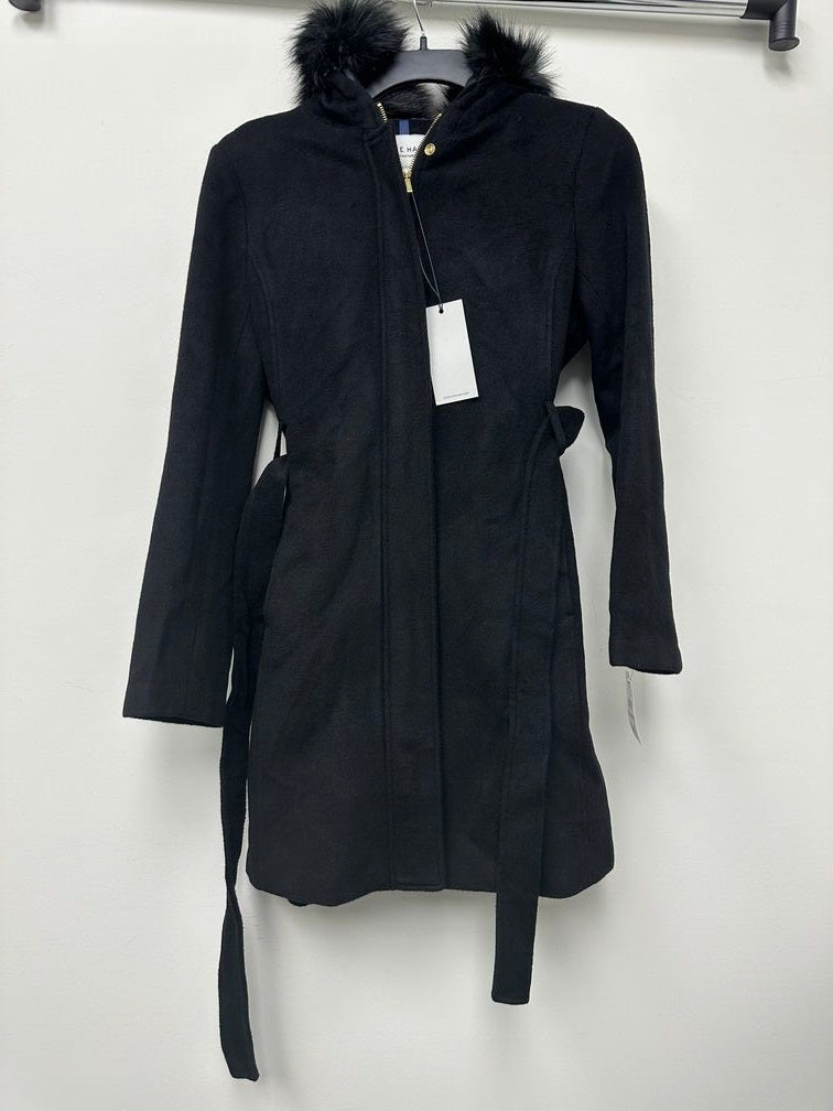Cole Haan Women's Belted Faux-Fur-Trim Hooded Coat Black Size 12