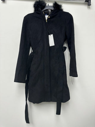 Cole Haan Women's Belted Faux-Fur-Trim Hooded Coat Black Size 12